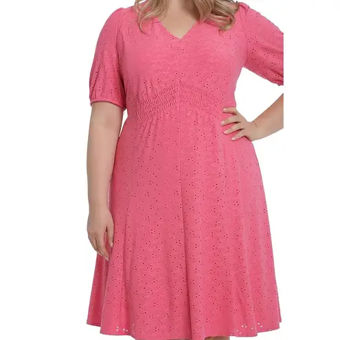 London Times Pink V-Neck Fit & Flare Dress Flowy Smocked Waist 1X Coquette Date
