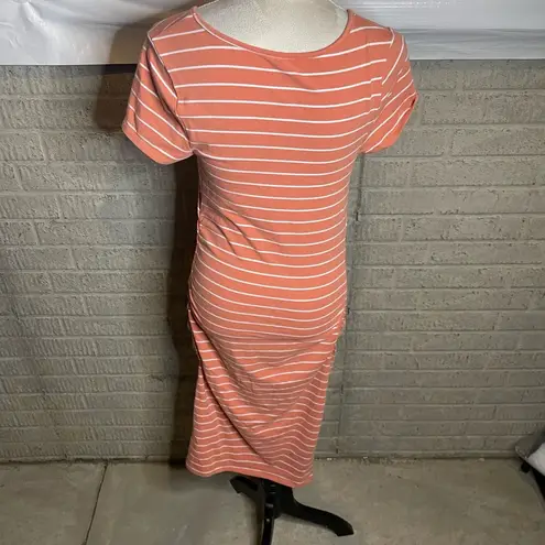 Isabel Maternity Coral White Striped Short Sleeve Midi Dress Size Medium