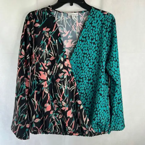 Allison Joy Allison‎ Joy Faux Wrap Long Sleeve Two Tone Floral Geo Print Blouse Sz Medium