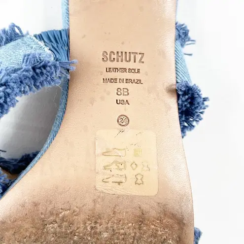 Schutz  Amely Slip On Fringed Double Strap Mid Block Denim Mule Sandal Blue 8