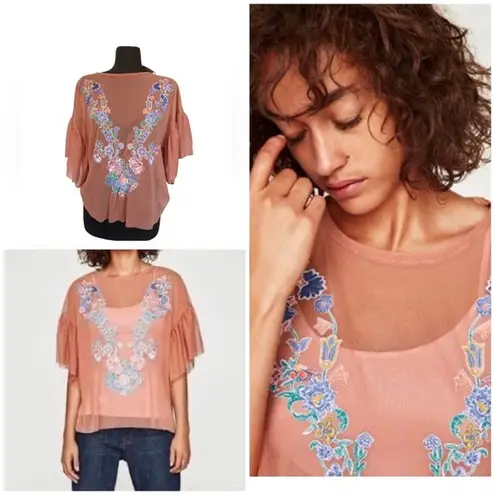 ZARA  Peach Tulle Mesh Embroidered Flutter Boho Blouse