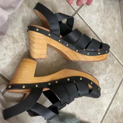 Anthropology Black Leather Clog Platform Sandals Wood Heel Sz 7 Strappy woens