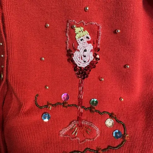 KIKIT Christmas Cardigan Size M Red Beaded Sequins Flower Martini Snowman Lights Size M
