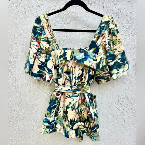 Acler Lovell Floral Print Puffed Sleeve Belted Mini Dress Multi Womens Size US 2 Green