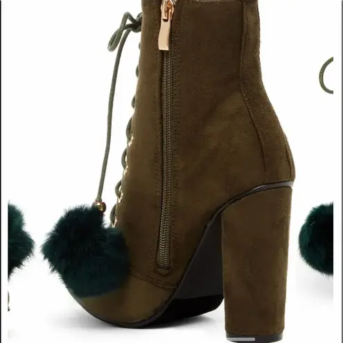 Catherine Malandrino Olive Green Fur Pom Pom Ankle Bootie