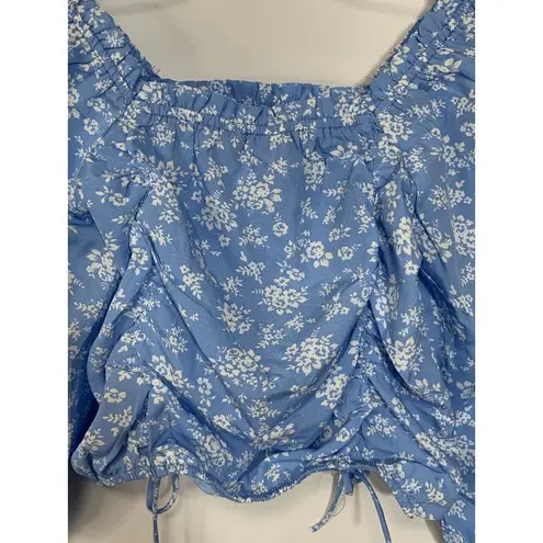 Speed Limit Womens Blouse Cropped Square Neck Drawstring Floral Blue Medium