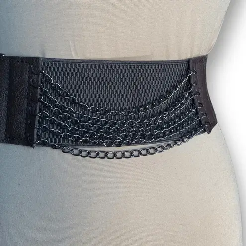 Vintage Y2K Yik Fung Brown Leather Draped Chain Elastic Statement Belt Deadstock