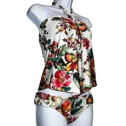 Becca  Women’s Size M White Multi Floral Emma Handkerchief Hem Tankini Swim Top