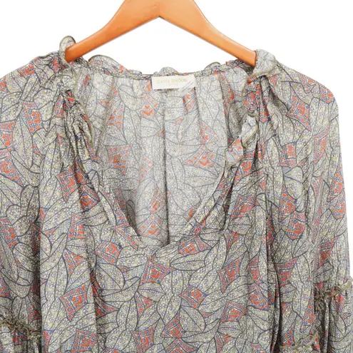 Ramy Brook Satiny V-Neck Printed Ruffle Trim V-Neckline Peasant Blouse Top M