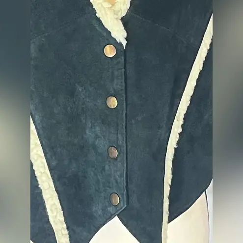 MIDWEST TRADERS Vtg Leather Vest With Sherpa Trim Green Size L