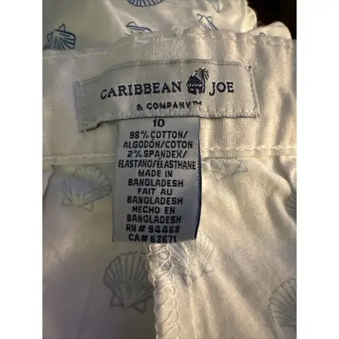 Caribbean Joe Women's Shorts Stretch Navy Size 10 White Blue Sea Shells Cotton