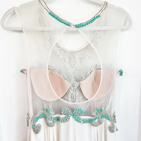 Vienna Prom Beaded Embellished Sheer Neckline Ivory Gown Formal Evening Dress