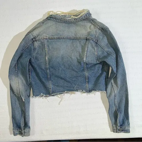 GRLFRND Cara Blue Denim Jacket Size XS Distressed USA Designer Raw Hem