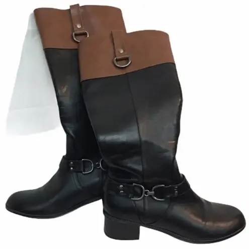 Bandolino Tall Black Brown Vegan Leather Buckle Zip Up Boot Size 61/2