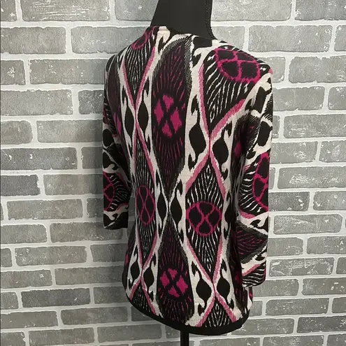 Tory Burch  Dabney Cardigan Sweater 100% Wool Ikat Print Black Pink Size Small