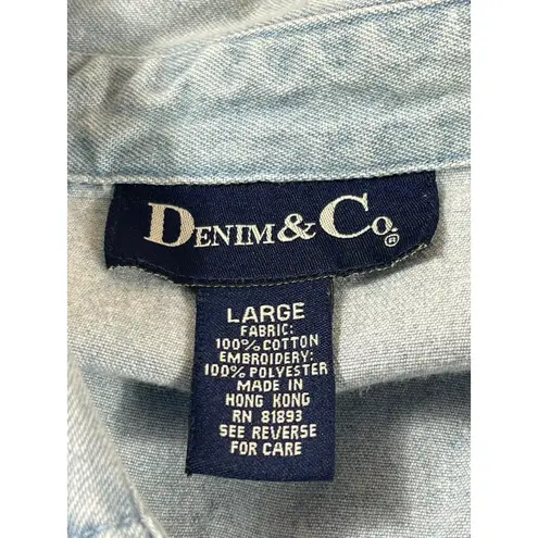 VTG Y2K Denim & Co. L Denim Jacket Embroidered Floral Boho Light Wash Top Blue Size L