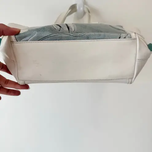 Claudia Firenze Leather Tote Bag Fish Print Turquoise Accent White