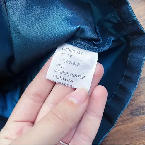 Tadashi Shoji TADASHI • Stretch Taffeta Blouse teal blue ruched sleeve tie waist wing collar