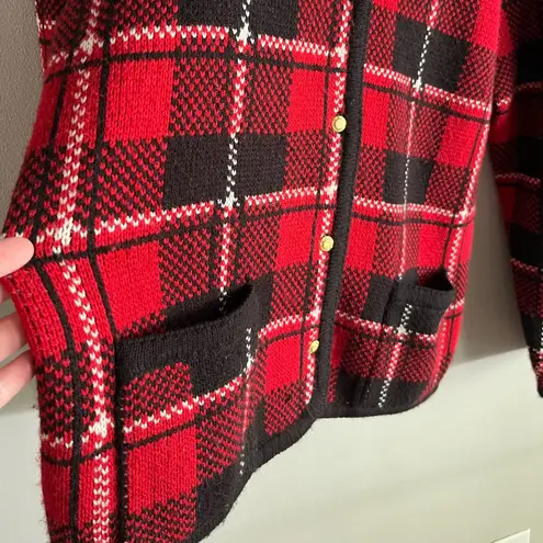 Vintage Liz Baker Red Plaid Button Cardigan Sweater – Shoulder Pads, Pockets, M Size M