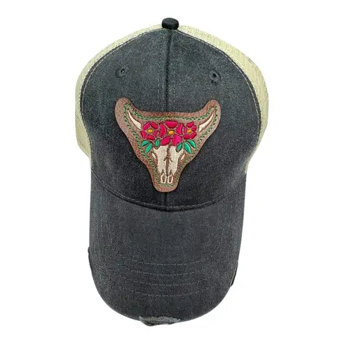 Genevieve Gail Floral Steer Skull Patch Trucker Hat Distressed Gray