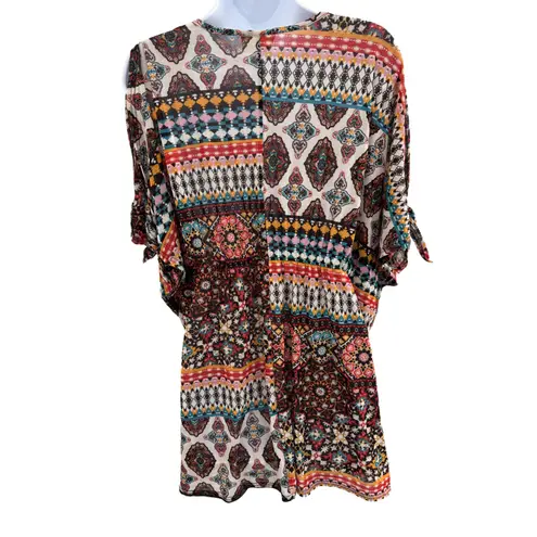 EMBER Coffee Brown Deep Vneck Tie Cuffs Festival Boho Blouse Top Large vacation