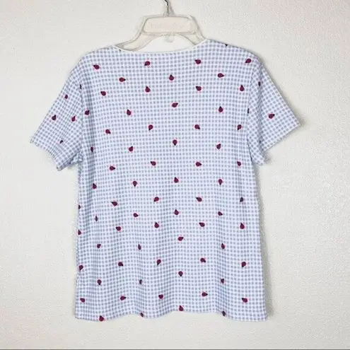 Vintage Blue  & White Gingham Ladybug Picnic Pattern Scoop Neck Tshirt Size S