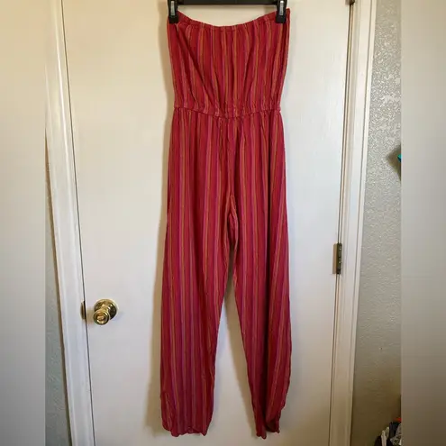 Drew 🌞Anthro Emerson Red Striped Linen Blend Strapless Split Leg Jumpsuit