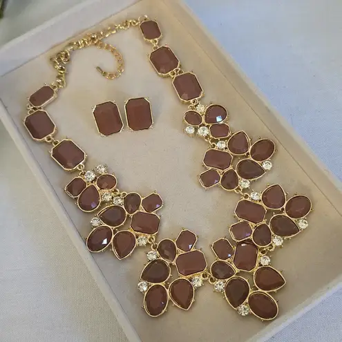 Gold And Latte Taupe Statement Necklace and Earrings Set Brown