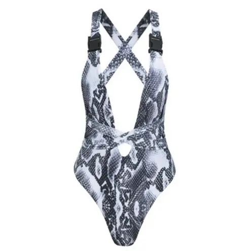 Boss Babe Collection NWT Plunging Sexy Snake Skin One Piece Swimsuit Beach M White Size M