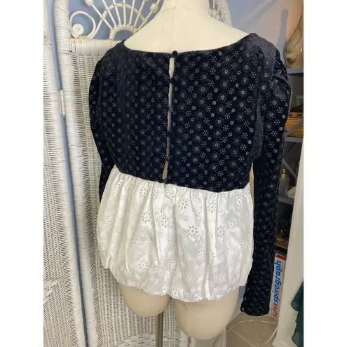 For Love & Lemons NWT XL Black Velvet White Eyelet Peplum Top Romantic Coquette
