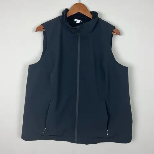 J Jill Fit Vest Women XL Black Faux Fur Sherpa Lined Full Zip Sleeveless Pockets