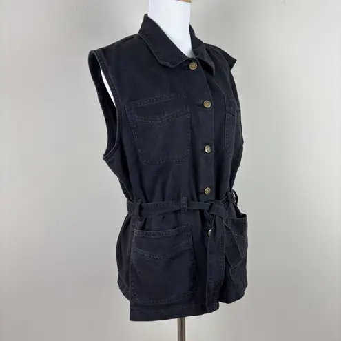 Vintage 90s Denim & Co Denim Vest Womens Large Black Belted Button Up Pockets L