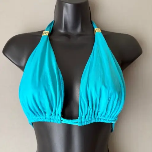Aqua Blue Bikini Set Gold Halter Top Brazilian Cut Bottom sz S (D cup) Luxury