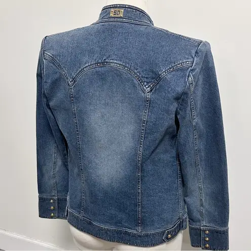 St. John Sport Denim Medium Wash Rhinestones Gold Monogram Buttons Jacket Small