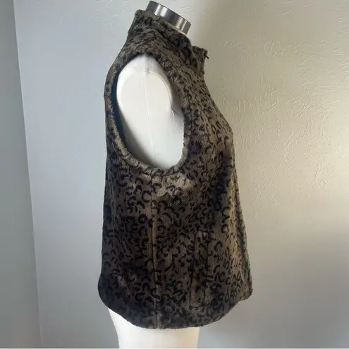 Leopard Faux Fur Vest Brown Black Zip Front Size L Chic Winter Statement Layer Size L