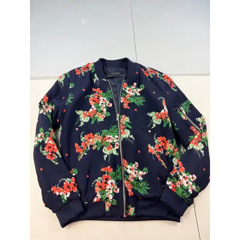 Zara Basic Floral Bomber Jacket Size XS Navy Blue Orange Green Flowers