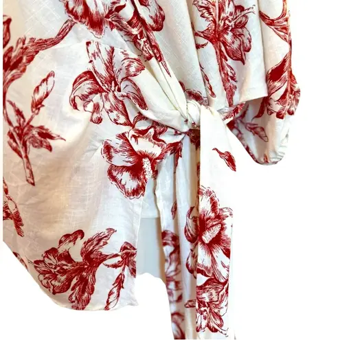 ZARA  Wrap Kimono Top Linen Blend Red White Toile Floral Print Puff Sleeve Large