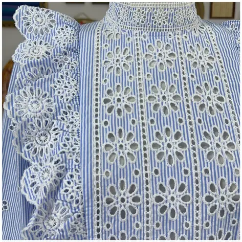 Sea Exploded New York Exploded Eyelet Ruffle Top Retail $ 345 Blue White Size 00