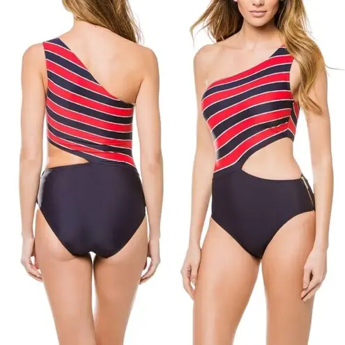 Michael Kors  Nautical Striped One Shoulder Cut Out One Piece Swimsuit Size 14