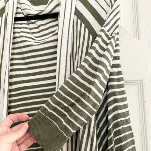 Attitudes by Renée Striped Cardigan Draped Open Front Olive Green White M Office Size M