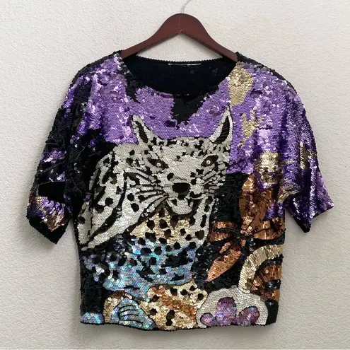Vintage Fully Sequinned & Beaded Wild Cat Leopard Dolman Sleeve Silk Top Size S Black