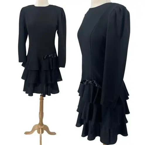 Vintage 80s Ruffled Mini Dress Satin Bow Detail Tiered Skirt Long Sleeve Black M Size M