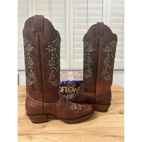 Wildflowers Bluebonnet Cedro Embroidered Cowboy Boots Brown Leather Size 7 NIB