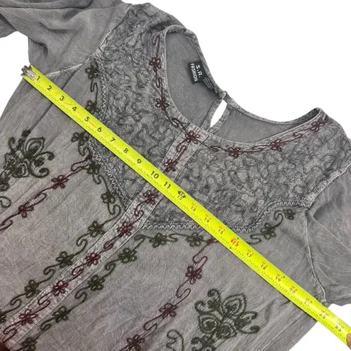 S.R. Fashion Gray Stone Wash Boho Floral Embroidery Button Front Maxi Dress Size XXL