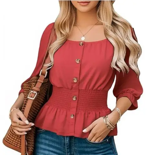 New MERAKI Orange Boho Blouse Women’s Top Button Accents Cinched Waist Sz M Size M