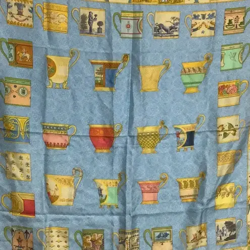 Cherubs and Demitasse Cup Printed Silk Scarf Blue and Gold Square EUC