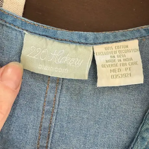 Vintage 90s 220 Hickory Blair Chambray Denim Button Front Maxi Dress Embroidery Blue Size M