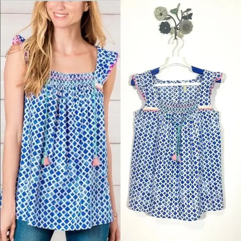 Matilda Jane Adventure Begins Womens Wandering Waters Top Blue Smocked Small
