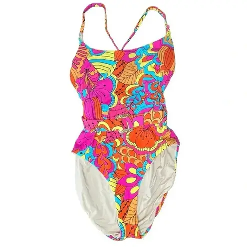 PALMS AWAY BRIGHT FLORAL ONE PIECE SWIMSUIT BELTED VIBRANT WOMEN SIZE MEDIUM Pink