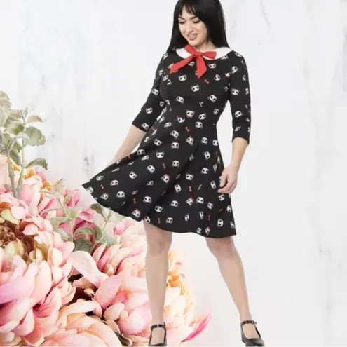 Unique Vintage NWT Black & Panda Print Wednesday Flare Dress - Size Large